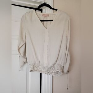 Philosophy Cream Light Olive  V-Neck Blouse with Smocked Hem Size S